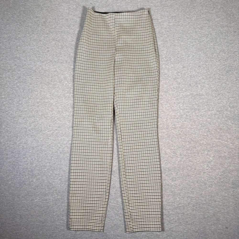 H&M Womens XS Houndstooth High Waisted Slim Leg Ankle Pants Black White Stretch
